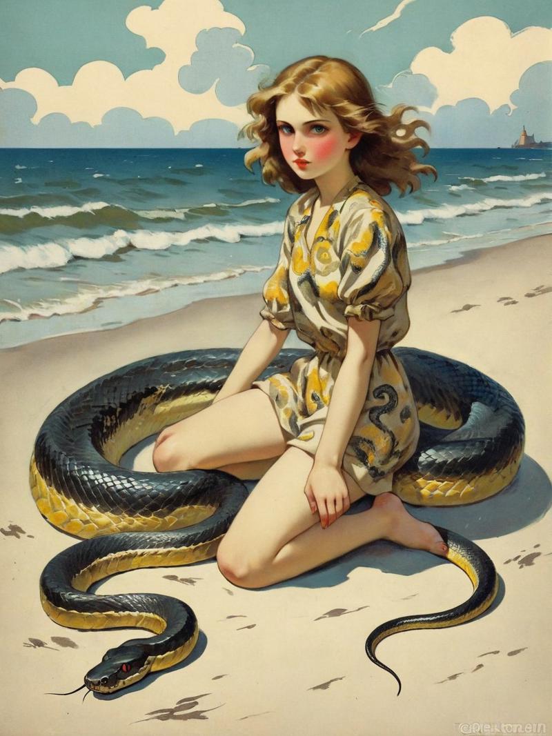 00116-3080471931-a girl on the beach surrounded by Fierce Snake Russian popular print.jpg